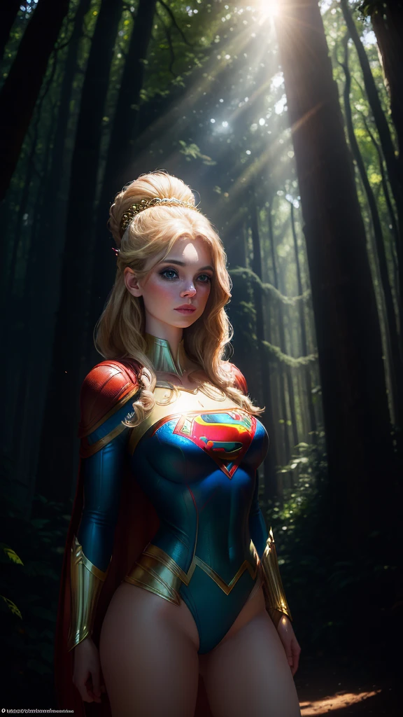 A stunning masterpiece of art featuring the radiant superheroine, Supergirl, comes to life in this high quality, ultra detailed 4k and 8k image. Her ethereal beauty, reminiscent of X-Man, shines through with her porcelain skin, cascading golden blonde hair, and outlined blue eyes that seem to glow with inner power. Dressed in her exquisitely designed superhero attire, she stands tall and proud against the backdrop of a lush forest.

Surrounding her is an opulent mansion, its grandeur reflected in the extreme realism of the image. The leafy canopy overhead filters the sunlight, casting flickering d