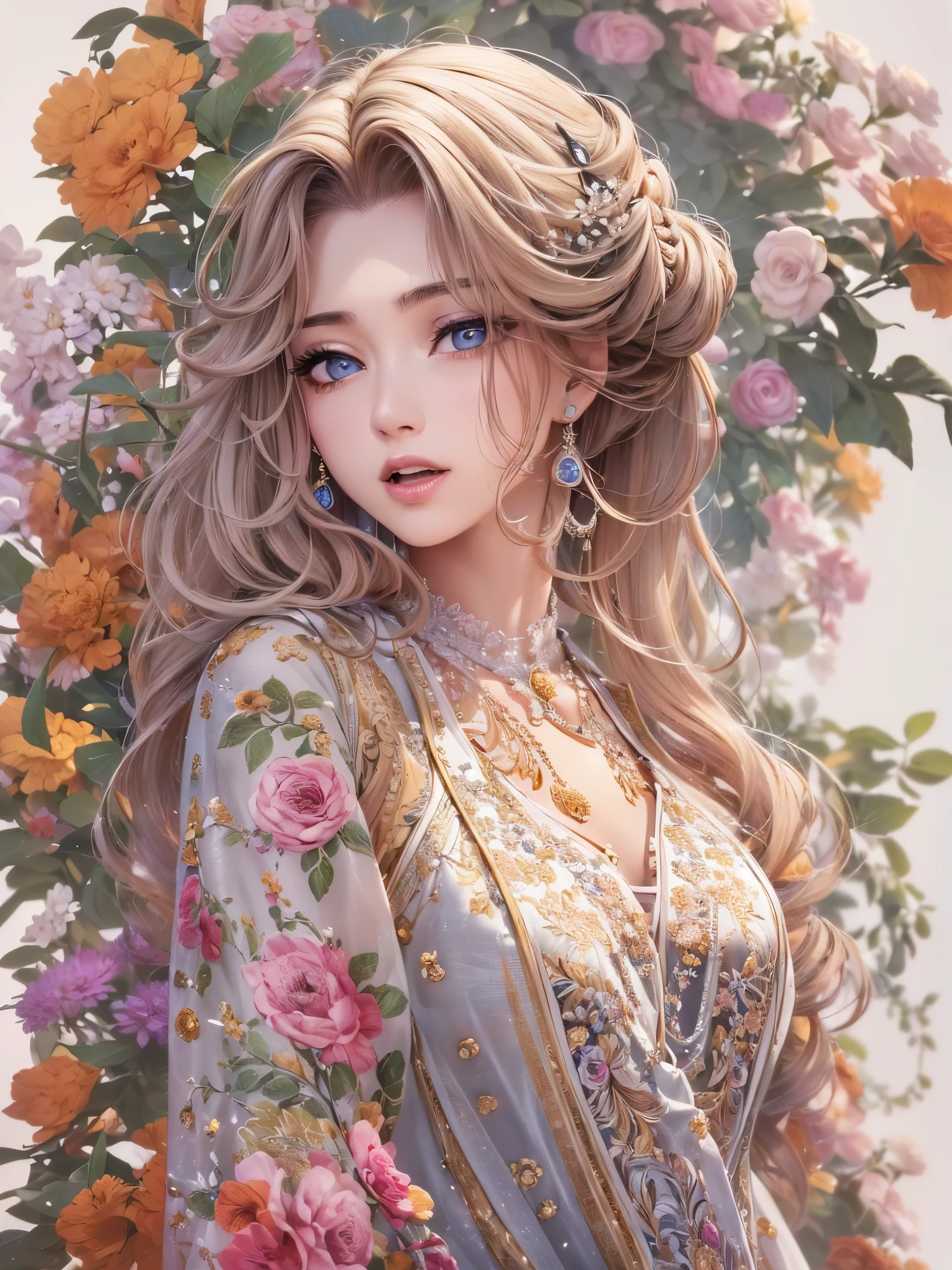 ((highest quality)),(Ultra-high resolution),(Very detailed),(Detailed Description),((The best CG)),(A masterpiece),Ultra-precise art,amazing drawing art,(Art with precise detail:1.5), (woman:1.4), (A front-open dress with detailed and detailed depictions:1.6),Floral embroidery:1.7