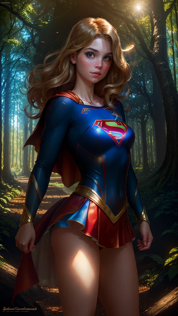 Title: "Supergirl's Radiant Masterpiece in the Enchanted Forest"

Supergirl, the blonde superheroine with fair skin and outlined blue eyes, stands proudly in the heart of an enchanted forest. Dressed in her nice superhero clothes, she is adorned with a gleaming S symbol on her chest, reminiscent of her inspirational mentor, Superman. The sun peeks through the canopy of trees, casting a warm, golden light on her outlined face and adding depth to her realistic skin texture.

With a brush in one hand and a canvas in the other, Supergirl has completed her masterpiece. The high-quality, ultra-detailed photo