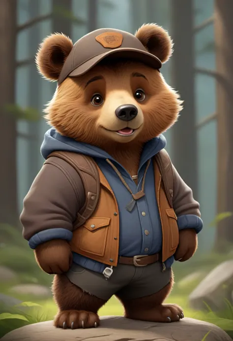 there is a cute cartoon brown bear wearing old dirty hillbilly clothing, a digital painting inspired by NEVERCREW, trending on A...
