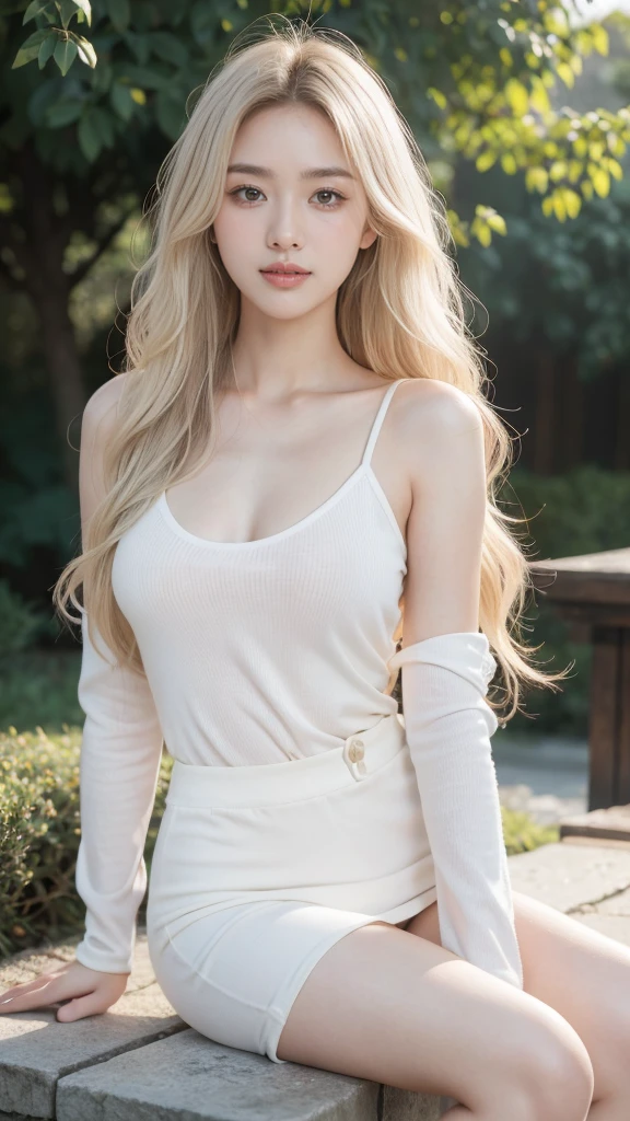 1 girl, young face, solo, Korean, looking at viewer, (white wavy hair), medium breasts, beautiful face, light smile, green eyes, casual clothes, slim adult body, no clothes, sexy pose, outside, best quality, highest quality, high resolution, (realistic), (masterpiece:1.2)