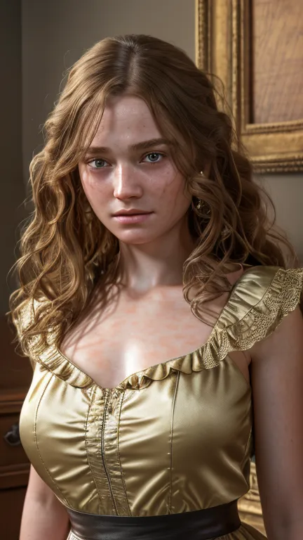 (best quality,4k,8k,highres,masterpiece:1.2) SADIE SINK:1.5 13 year old girl, ruffled blouse, cleavage breasts, pleated skirt, t...