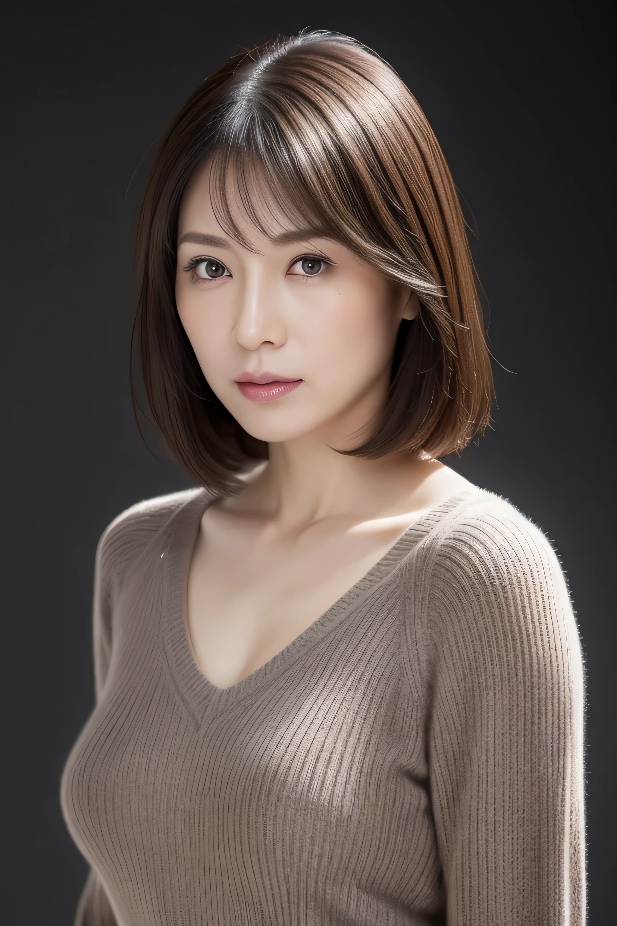 Ultra-high resolution, masterpiece, Irritated skin, very detailed, Photorealistic, Professional Lighting, Written boundary depth, sharp, (Gray background), (Front view：1.2),(Japanese Mature, 38 year old women are sexy:1.0), Detailed face, Beautiful Eyes, bangs, Shapely large breasts, Light brown straight hair, Faint lips, (Catch Eye:1.3),((Stand in front、Look at the audience, Serious face eyes,)), (Lightweight sweater:1.0), Theta, Full body photo, Cowboy Shot,