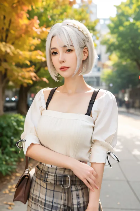 arafed woman with white hair and a plaid skirt and a brown bag, girl with short white hair, anime girl in real life, white hime ...