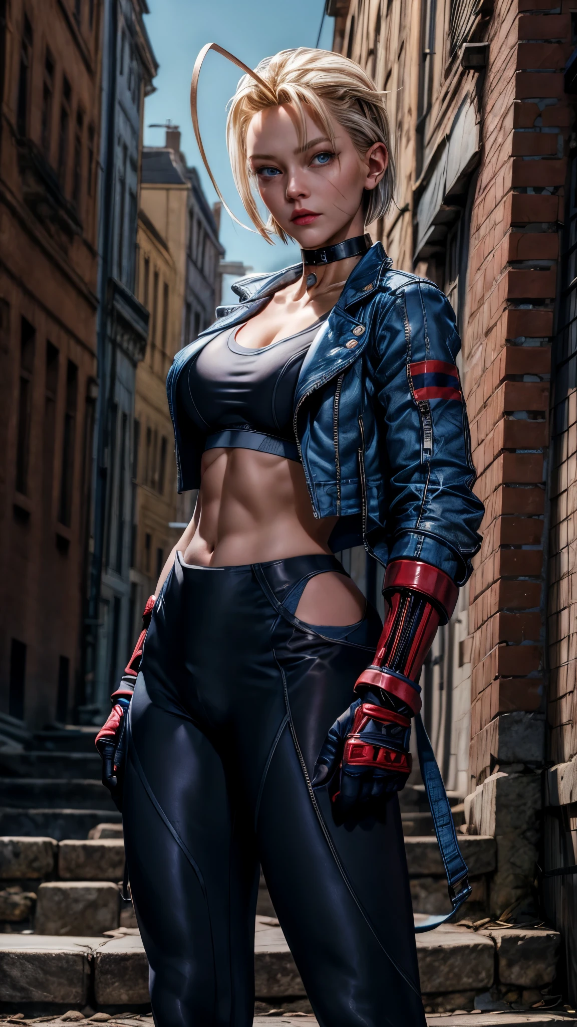 masterpiece, best quality, highres, 1girl, cammy white, short hair, antenna hair, blue eyes, scar on cheek, large breasts, black choker, collarbone, blue jacket, cropped jacket, open jacket, sports bra, midriff, fingerless gloves, black gloves, black pants, standing, cowboy shot, stair, outdoors,