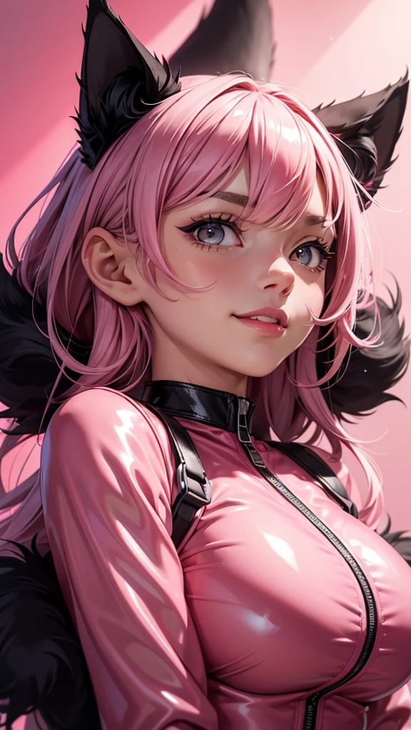 (high resolution, upper body, soft skin:1.2),(best illustration,masterpiece:1.2),ultra-detailed,[(cat ears,black fur,pink inside:1.2),vivid colors,sharp focus,portrait,studio lighting,bokeh, wearing a pink latex jumpsuit unzip to the chest, latex boots, full body portrait, smiling, arms behind head