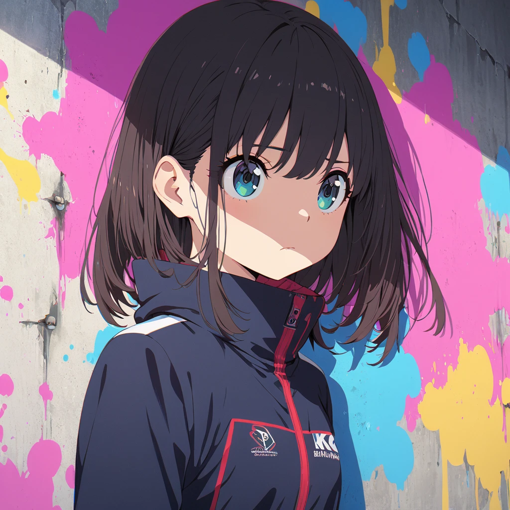 (highest quality), masterpiece, Highly detailed CG uniform 8K illustrations, High collar, extremely High collar saturation, All the colors have deepened, paint, Graffiti art, Center Configuration, Highly detailed lights and shadows, Graffiti wall, wall painted bright, A girl&#39;s graffiti A girl is staring at the wall, Highly detailed face and eyes, Medium length hair, Sportswear, Coloured Clouds