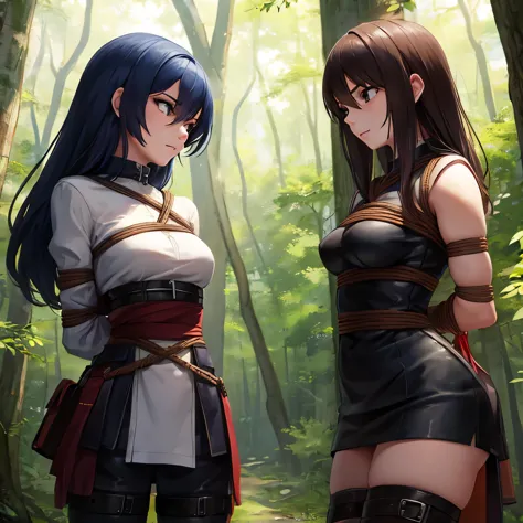  Make a picture where a female thief is getting tied up by a female thief in the woods,  bound