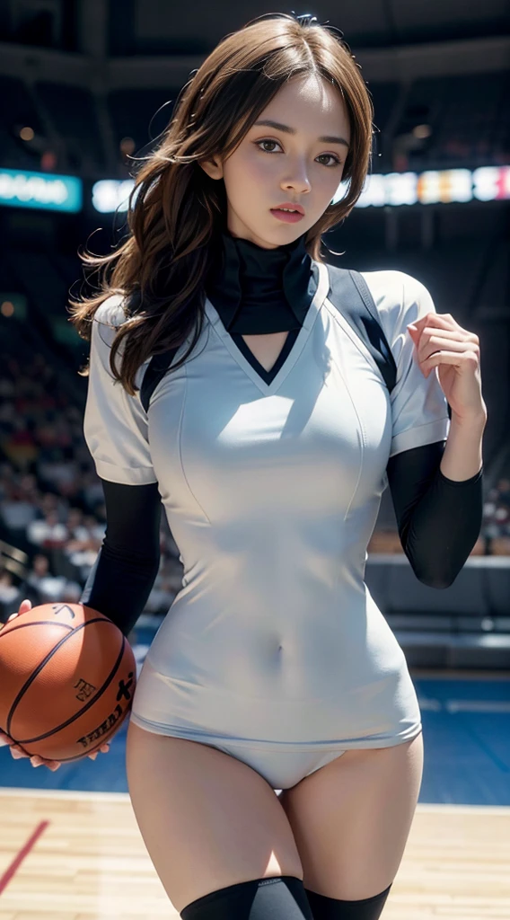 A close-up shot of a woman ((8K)) holding a basketball in a court, in a standing position, looking at the camera, wearing a basketball uniform, basketball court background, bra, ((cleft chest)), visible breasts, underpants, ((tight underpants)) tight white soft clothes, NBA, masterpiece, payment attention to the details of the picture, especially the eyes, details, emphasis on realism, is a realistic masterpiece, this official background, Super-beautiful, aesthetic, aesthetic, best quality, show image elegance and aesthetic, 8K, cinematography, 4HD, emphasis (on tight clothes), (panties prominent), (split chest)