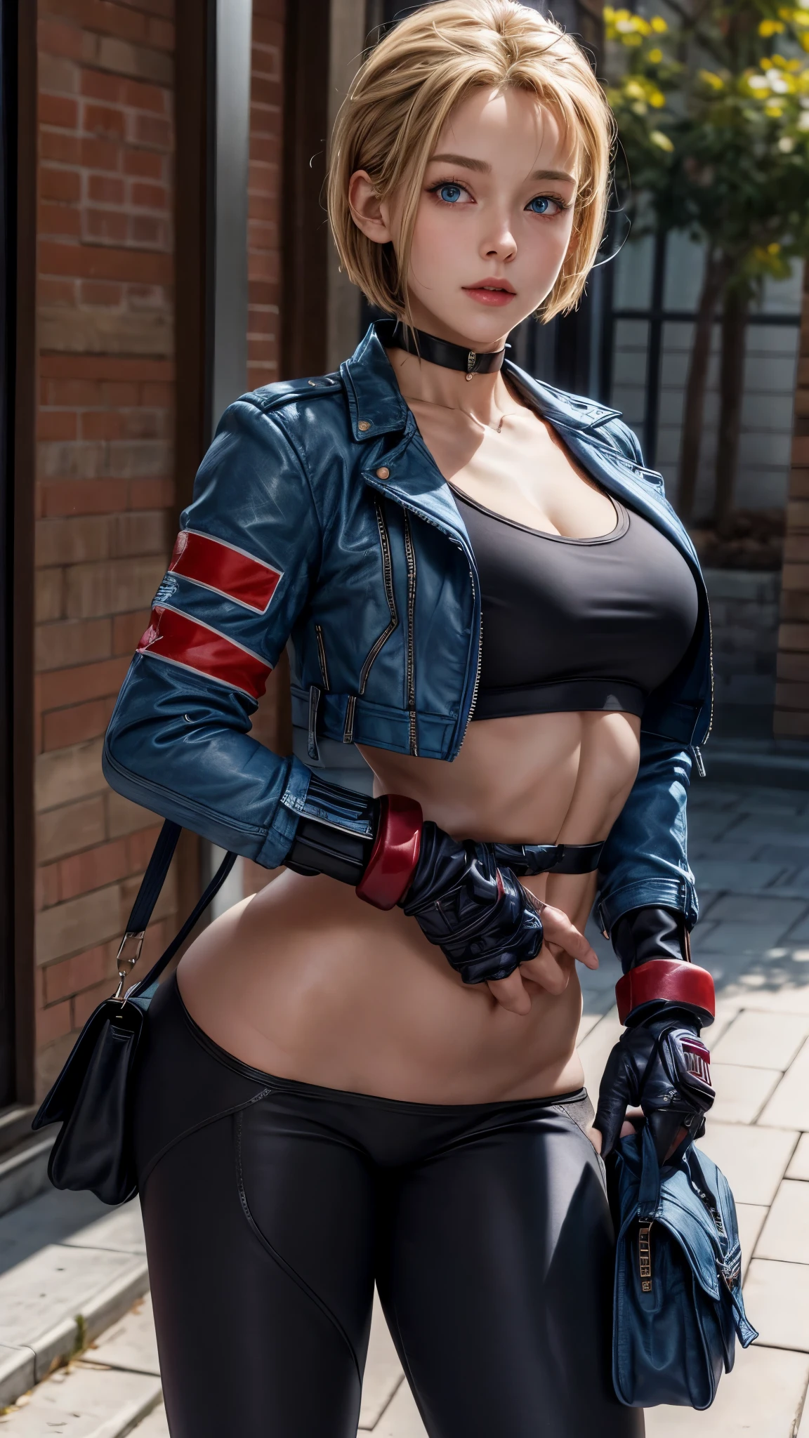 masterpiece, best quality, highres, 1girl, cammy white, short hair, antenna hair, blue eyes, scar on cheek, large breasts, black choker, collarbone, blue jacket, cropped jacket, open jacket, sports bra, midriff, fingerless gloves, black gloves, black pants, standing, cowboy shot, stair, outdoors, showing big buttocks, thick thighs, curvy hips 