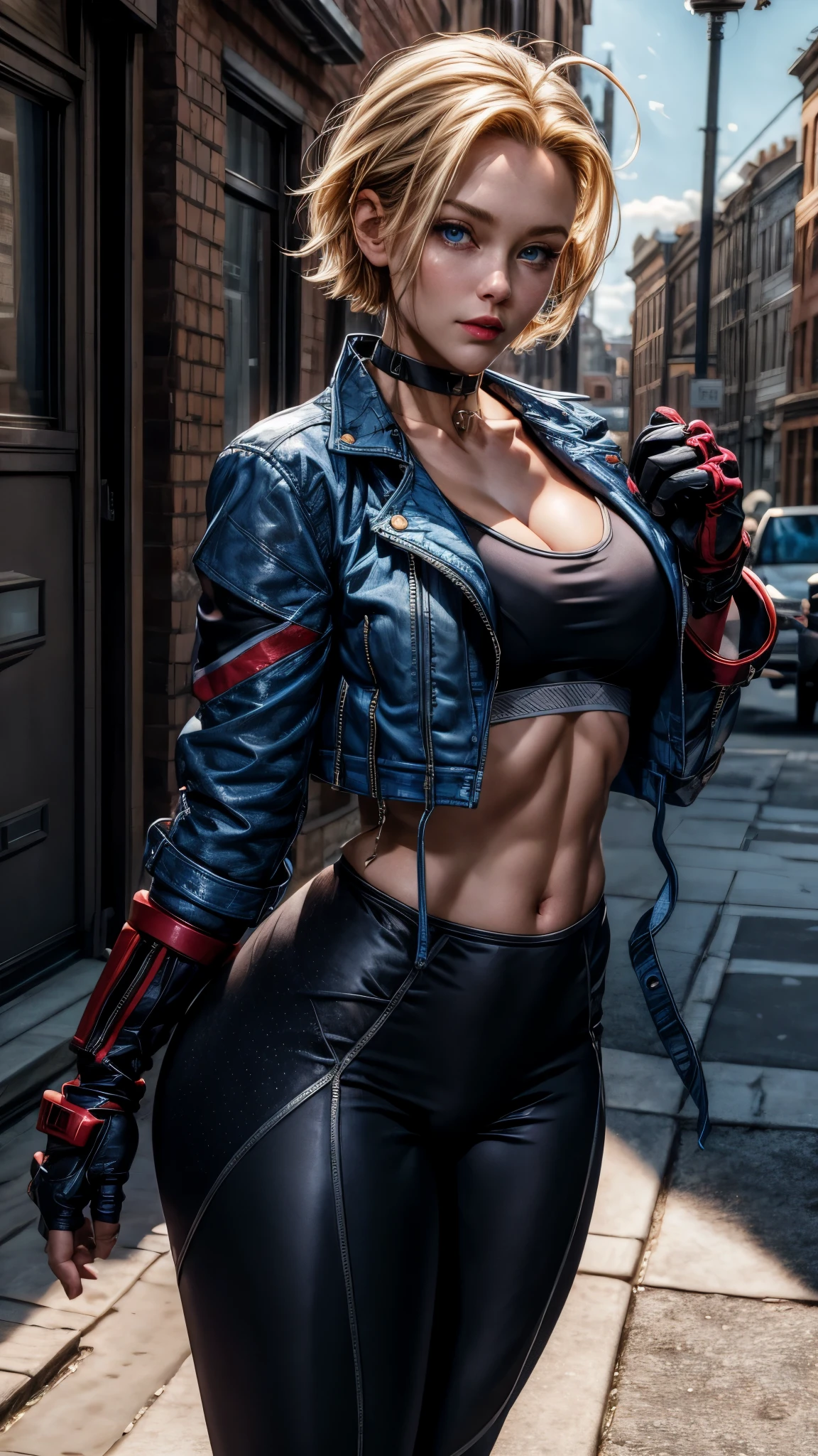 masterpiece, best quality, highres, 1girl, cammy white, short hair, antenna hair, blue eyes, scar on cheek, large breasts, black choker, collarbone, blue jacket, cropped jacket, open jacket, sports bra, midriff, fingerless gloves, black gloves, black pants, standing, cowboy shot, stair, outdoors, showing big buttocks, thick thighs, curvy hips 