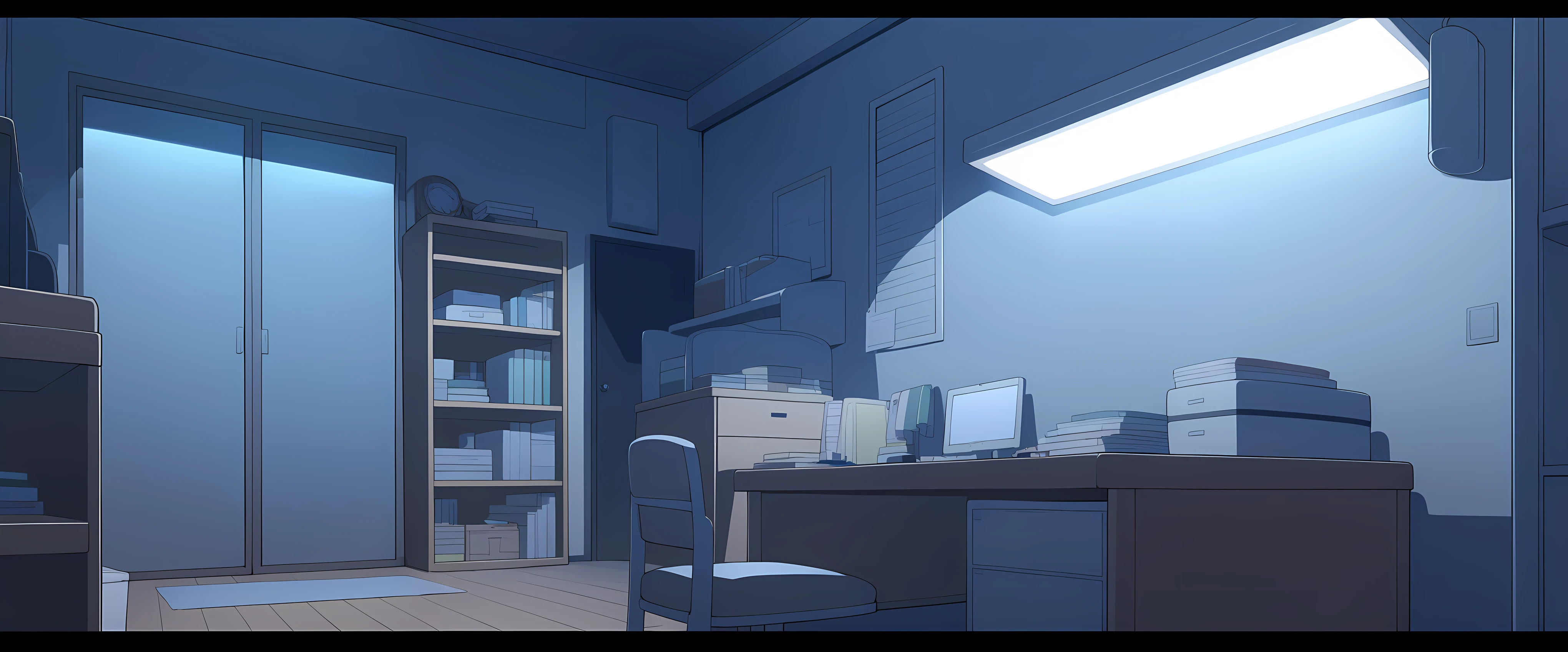 Dimly lit room with fluorescent light from a desk, light yagami's room, anime-style room, study, dark, night, gloomy, bare, cozy
