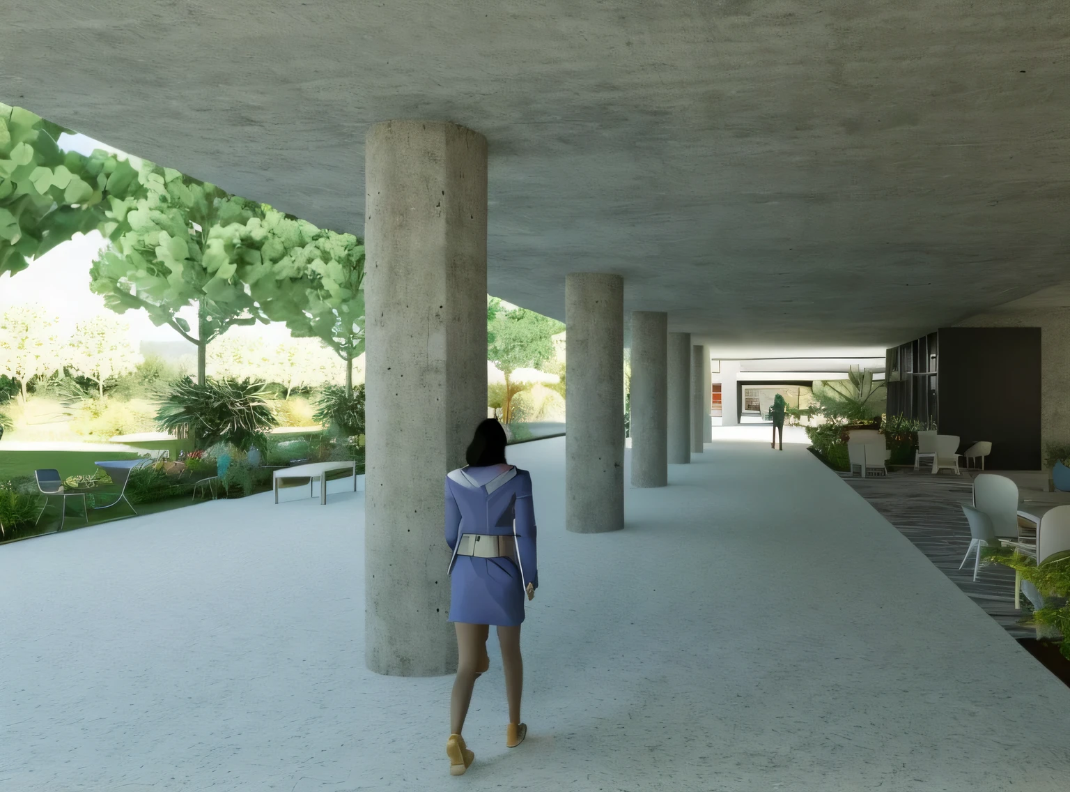 there is a woman walking down the walkway of a building, pilares de concreto, architectural rendering, architectural rendering, interior de concreto hitech, professional rendering, low angle dimetric Rendering, Rendering, detailed Rendering, photographic rendering, detail rendering, architectural visualization, architectural visualization, view at ground level, ground level view, Realistic rendering, semi - Realistic rendering, digital Rendering