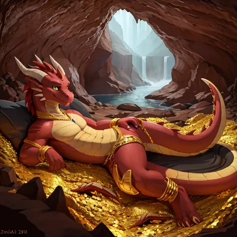Solo male, dragon, gold jewelry, splayed out, lounging on top of dragon hoard, in cave