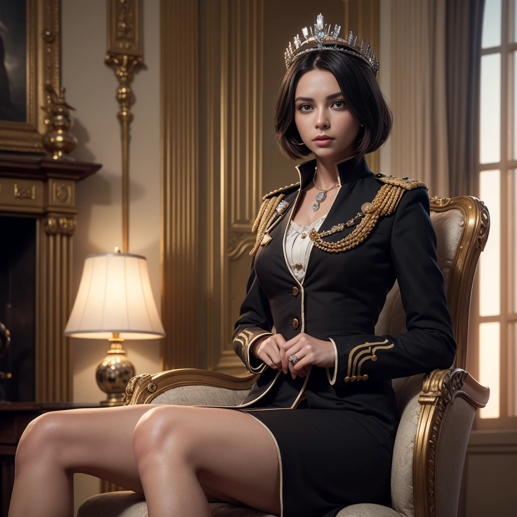 (YES SFW), Masterpiece, high quality, 8k quality, 1 lady, young Queen Elizabeth 2, Queen of United Kingdom, wearing royal uniform with her crown of Diamonds sitting on royal throne, cloth cover all her body included her legs, the royal uniform cover all body including her legs, beautiful face, short black hair, the best photo for the queen of United Kingdom, the best look for Queen in her young age (30 years), Buckingham Palace as background and United Kingdom flag, realistic hands, (Super detailed,ultra high resolution,detailed background)), (((masterpiece:1.4, Best Quality:1.4, 8K,))), ultra high res, Physically Based Rendering, ((Best Quality)), ((Masterpiece)), (Very Detailed:1.3), 3D, Accurate simulation of light-material interactions, perfect proportions, octane rendering, duotone lighting, low ISO, white balance, rule of thirds, wide aperture, 8K RAW, efficient sub-pixels, subpixel convolution, luminescent particles, light scattering, Tyndall effect, HDR (High Dynamic Range), ray tracing, NVIDIA RTX, super resolution, unreal 5, subsurface scattering, PBR texture, post-processing, anisotropic filtering, depth of field, maximum sharpness and sharpness, multi-layer texture, albedo and highlight maps, surface shading, 