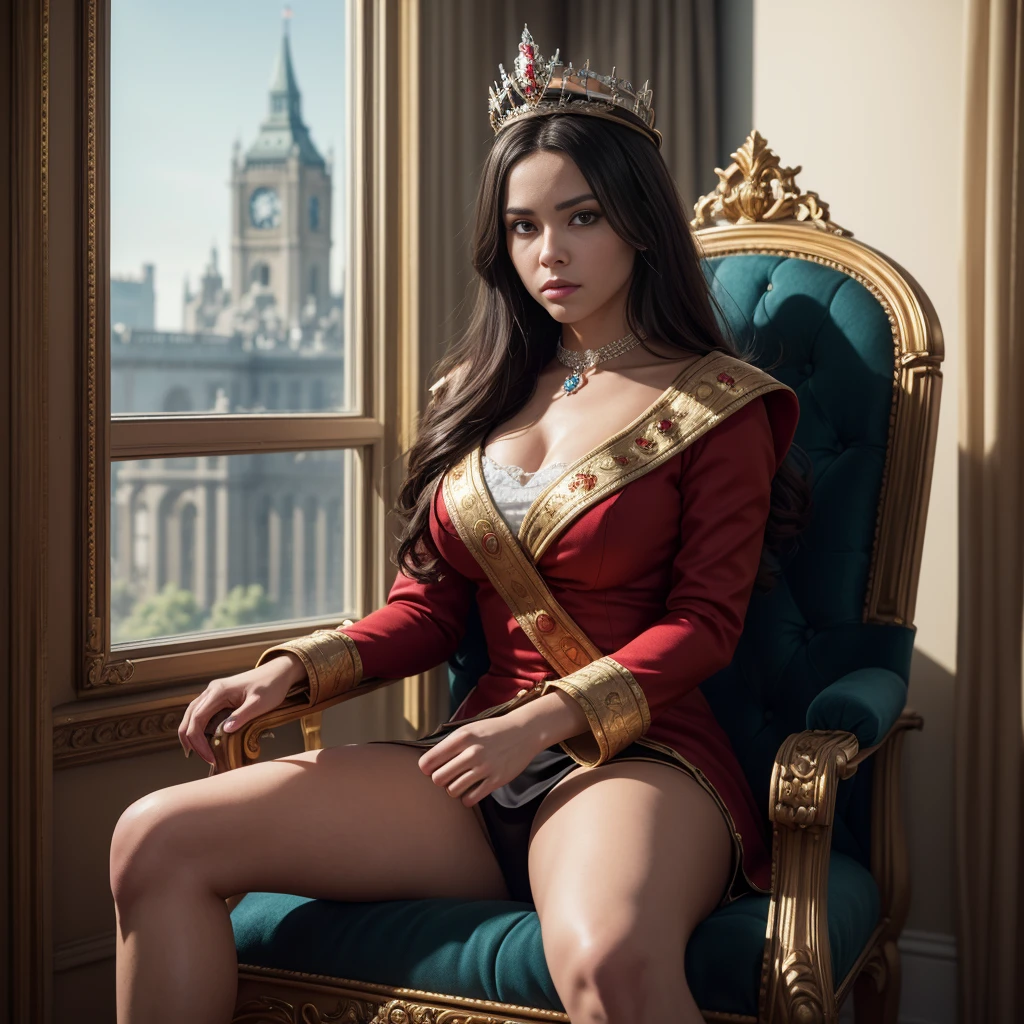 (YES SFW), Masterpiece, high quality, 8k quality, 1 lady, young Queen Elizabeth 2, Queen of United Kingdom, wearing royal uniform with her crown of Diamonds sitting on royal throne, cloth cover all her body included her legs, the royal uniform cover all body including her legs, beautiful face, short black hair, the best photo for the queen of United Kingdom, the best look for Queen in her young age (30 years), Buckingham Palace as background and United Kingdom flag, realistic hands, (Super detailed,ultra high resolution,detailed background)), (((masterpiece:1.4, Best Quality:1.4, 8K,))), ultra high res, Physically Based Rendering, ((Best Quality)), ((Masterpiece)), (Very Detailed:1.3), 3D, Accurate simulation of light-material interactions, perfect proportions, octane rendering, duotone lighting, low ISO, white balance, rule of thirds, wide aperture, 8K RAW, efficient sub-pixels, subpixel convolution, luminescent particles, light scattering, Tyndall effect, HDR (High Dynamic Range), ray tracing, NVIDIA RTX, super resolution, unreal 5, subsurface scattering, PBR texture, post-processing, anisotropic filtering, depth of field, maximum sharpness and sharpness, multi-layer texture, albedo and highlight maps, surface shading, 