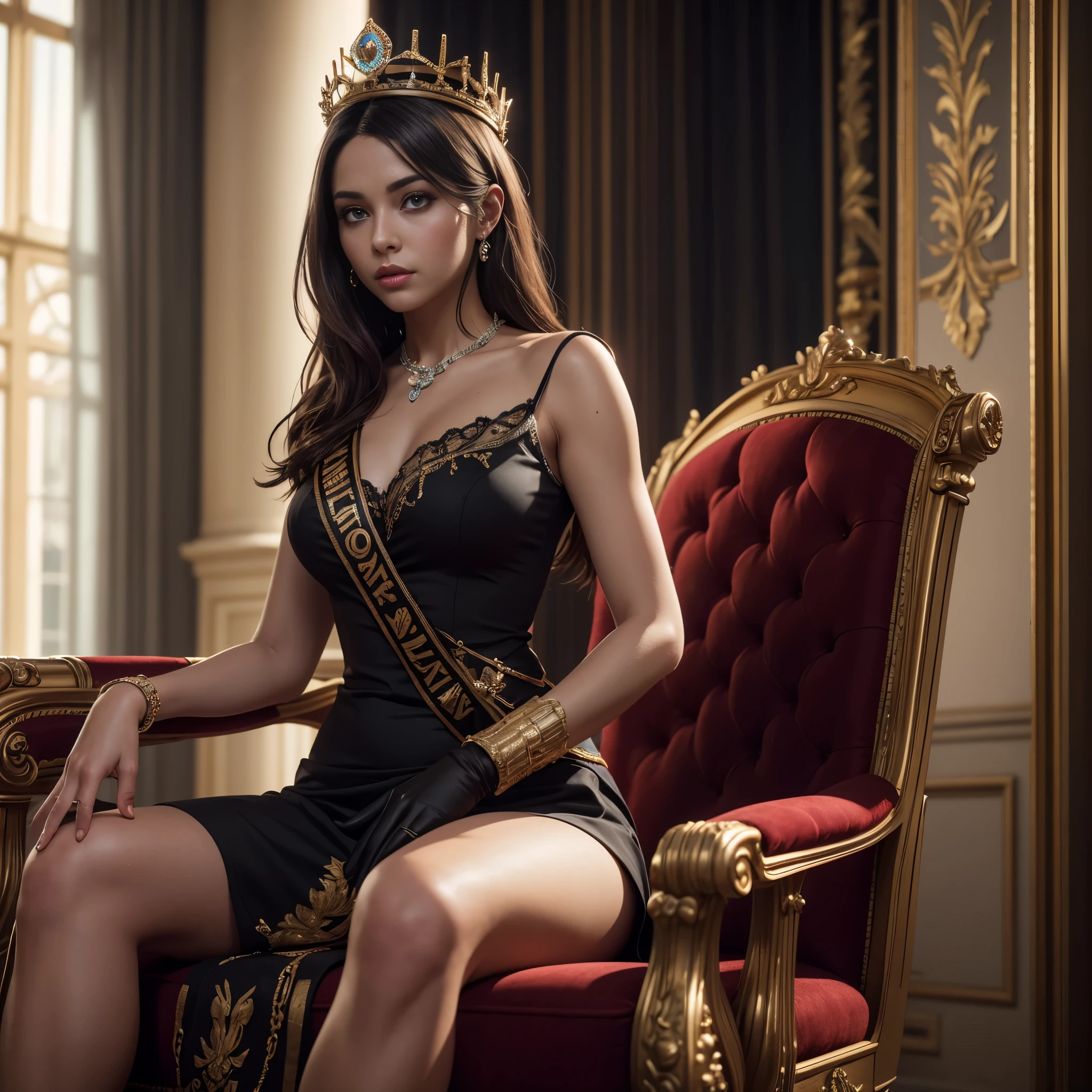 (YES SFW), Masterpiece, high quality, 8k quality, 1 lady, young Queen Elizabeth 2, Queen of United Kingdom, wearing royal uniform with her crown of Diamonds sitting on royal throne, cloth cover all her body included her legs, the royal uniform cover all body including her legs, beautiful face, short black hair, the best photo for the queen of United Kingdom, the best look for Queen in her young age (30 years), Buckingham Palace as background and United Kingdom flag, realistic hands, (Super detailed,ultra high resolution,detailed background)), (((masterpiece:1.4, Best Quality:1.4, 8K,))), ultra high res, Physically Based Rendering, ((Best Quality)), ((Masterpiece)), (Very Detailed:1.3), 3D, Accurate simulation of light-material interactions, perfect proportions, octane rendering, duotone lighting, low ISO, white balance, rule of thirds, wide aperture, 8K RAW, efficient sub-pixels, subpixel convolution, luminescent particles, light scattering, Tyndall effect, HDR (High Dynamic Range), ray tracing, NVIDIA RTX, super resolution, unreal 5, subsurface scattering, PBR texture, post-processing, anisotropic filtering, depth of field, maximum sharpness and sharpness, multi-layer texture, albedo and highlight maps, surface shading, 