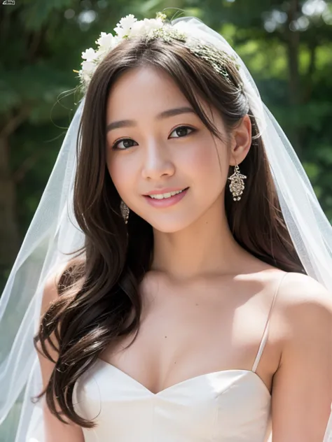 young girl in wedding dress and updo, off-shoulder neckline, and a long veil. her face is young and innocent, small breasts. she...