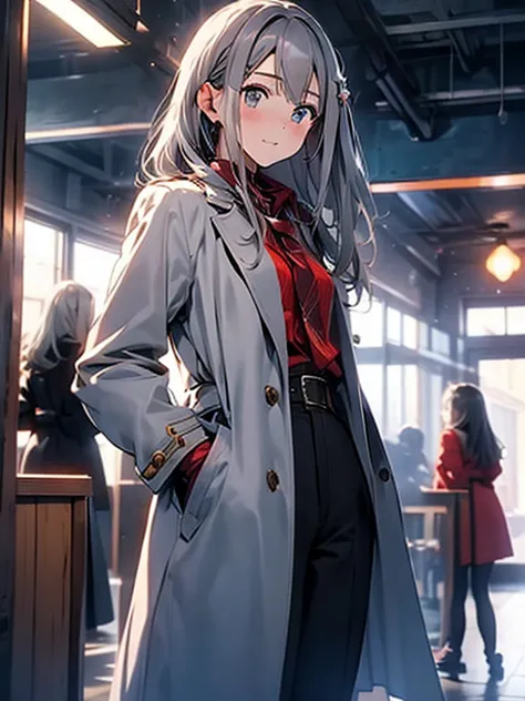 (mature woman１name), (gray hair, long hair:1.3), blue colored eyes, (medium breasts), (red leather long coat), belt, pants, offi...