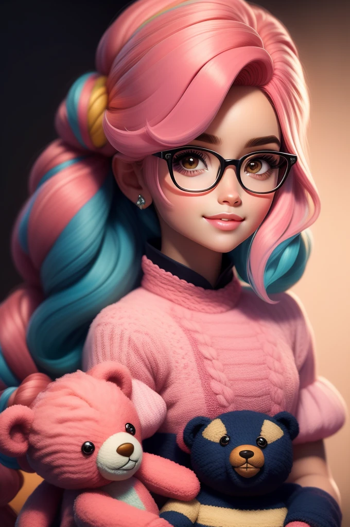 work of art, best qualityer, 3D rendering work, 3DMM style, close up, portraite, 3d, 1 girl, standing alone, anxiously waiting, Wearing prescription glasses, sweet expression, glad, holding an amigurumi teddy bear, skin black, medium length type 3C hair, pink pastel cores, realisitic, trunk, simple background, looking away, separated lips, curly hair