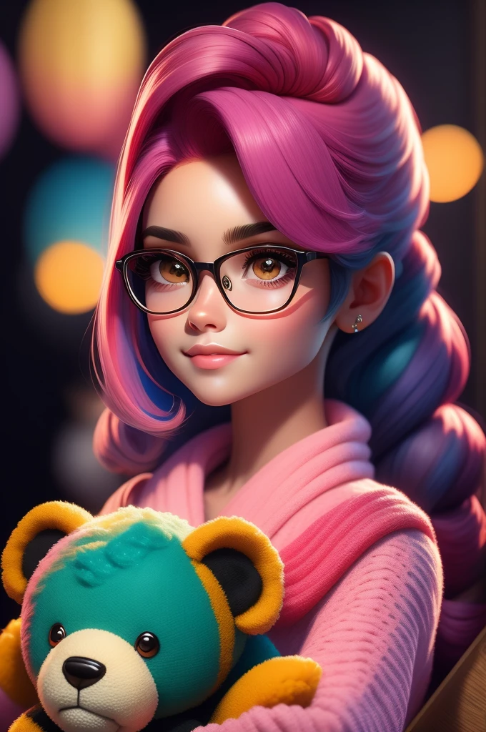 work of art, best qualityer, 3D rendering work, 3DMM style, close up, portraite, 3d, 1 girl, standing alone, anxiously waiting, Wearing prescription glasses, sweet expression, glad, holding an amigurumi teddy bear, skin black, medium length type 3C hair, pink pastel cores, realisitic, trunk, simple background, looking away, separated lips, curly hair