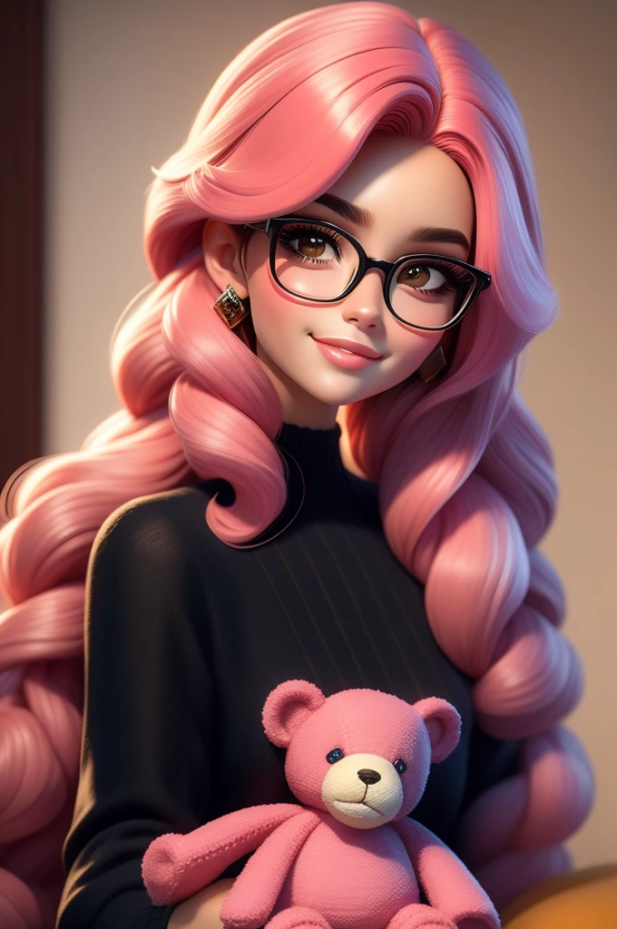 Obra de arte, mejor calidad, trabajo de renderizado 3d, Estilo 3DMM, fechar-se, retrato, 3D, 1 chica, solo, Esperando ansiosamente, usando gafas graduadas, Dulce expresión, Feliz, sosteniendo un osito de peluche amigurumi, piel negra, Cabello tipo 3C de longitud media, cores pastel rosa, realista, provenir, fondo sencillo, mirando hacia otro lado, labios separados, Pelo Rizado