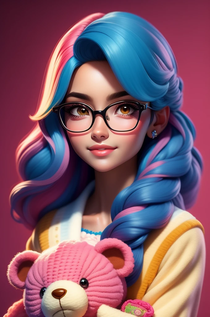 work of art, best qualityer, 3D rendering work, 3DMM style, close up, portraite, 3d, 1 girl, standing alone, anxiously waiting, Wearing prescription glasses, sweet expression, glad, holding an amigurumi teddy bear, skin black, medium length type 3C hair, pink pastel cores, realisitic, trunk, simple background, looking away, separated lips, curly hair