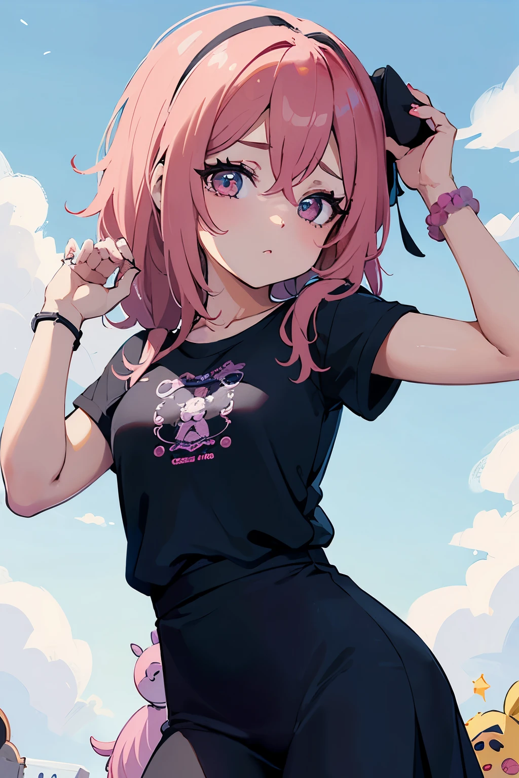 Anime girl with pink hair and black shirt holding a camera - SeaArt AI