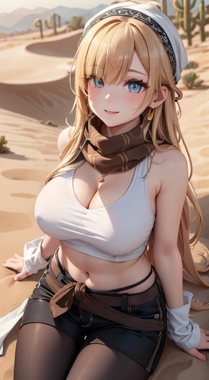 ((in a desert:1.5)), a matured woman with long hair and a white outfit, (resting in oasis:1.2), artwork in the style of guweiz, bodyesbian, fine details. girls frontline, beautiful anime illustration, from girls frontline, stunning, 21 years old, (solo:1.5), (sfw:1.25), beautiful breast, medium breasts, Amazing Cleavage, thin waist, big ass, Raised sexy, (dark mahogany medium long hair, updo, hair over one eye, asymmetric hair, Carly hair, low tied),(Headscarfs, hair bands, head vandage, Turban), (ultra high resolution, 8K RAW photo, photo realistics, weak outline:1.3, clear focus), best qualtiy, natural lighting, field depth, (Bright pupils, detailed beautiful eyes, high detailed face), Red lip, looking at viewers, (tight focus:1.2, from below), sexy posing, seductive weak smiling, center image, (wearing white long jacket and clothes, wearing short pants, gold ornaments, white clothes rolling around waist, camel-brown long leather boots, translucent lace pantyhose), ((correct anatomy:1.5)), ((outdoor:1.2)),
