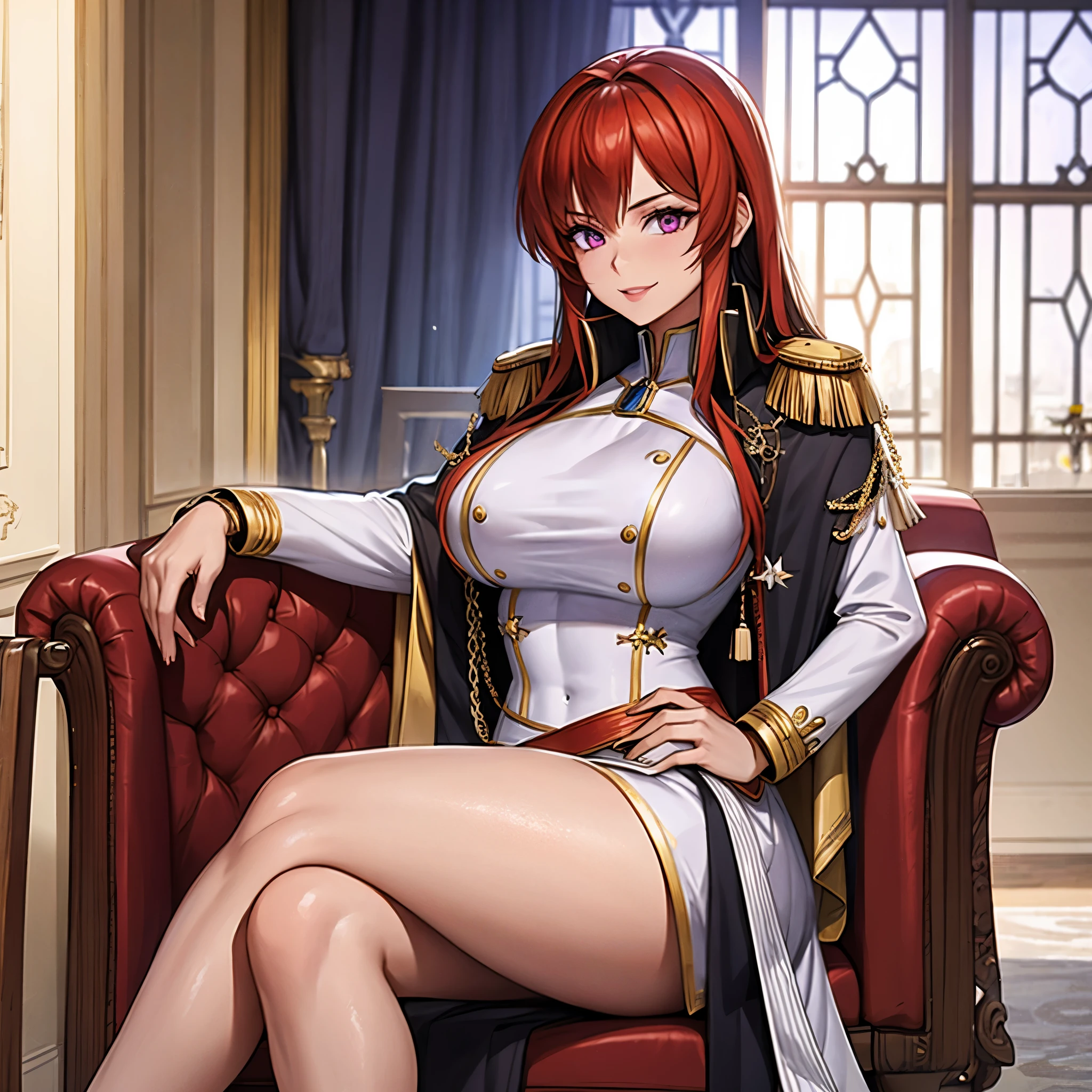 A woman wearing a white military uniform, long black coat with golden shoulder pads, black boots, red hair, purple eyes, large breasts, in a large room, with pillars, with medieval architecture in the room, medieval paintings, luxurious sofas, carpets, window medieval. smiling..(woman solo)ultra resolution, very detailed, HDR, masterpiece, 8K hd