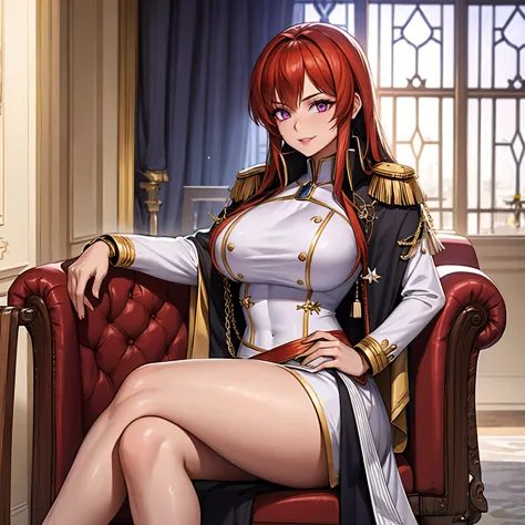 a woman wearing a white military uniform, long black coat with golden shoulder pads, black boots, red hair, purple eyes, large b...