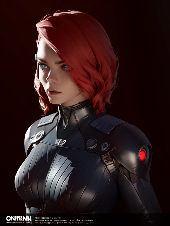 (master part), (best quality), (ultra detailed), (1girl), Jesse Faden, Standing, (simple background), beautiful detailed eyes, delicate and pretty face, red hair, extradimensional suit, upper body, science fiction, cyberpunk, Perfect Anatomy, Looking at Viewer, epic artistic, sharp focus, even lighting, insane details, hyperdetailed, rich colors, upper body shot
