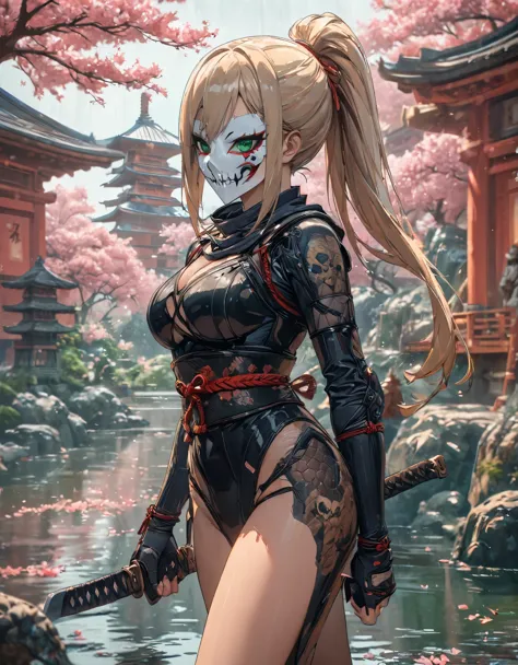 close shot, girl focus,Random pose,A female ninja on her way to her enemy,sexy full body, ponytail hair, skull drawing mask,sexy...