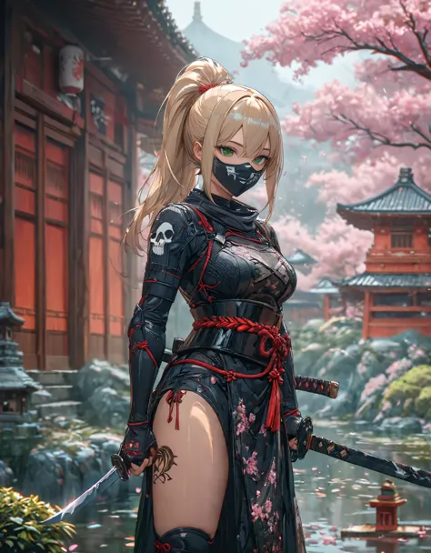 close shot, girl focus,Random pose,A female ninja on her way to her enemy,sexy full body, ponytail hair, skull drawing mask,sexy...