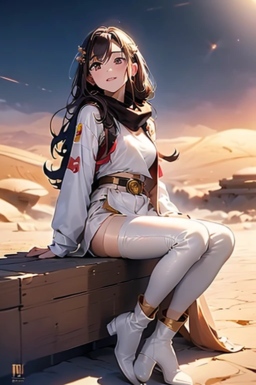 ((in a desert:1.5)), a matured woman with long hair and a white outfit, (resting in oasis:1.2), artwork in the style of guweiz, bodyesbian, fine details. girls frontline, beautiful anime illustration, from girls frontline, stunning, 21 years old, (solo:1.5), (sfw:1.25), beautiful breast, medium breasts, Amazing Cleavage, thin waist, big ass, Raised sexy, (dark mahogany medium long hair, updo, hair over one eye, asymmetric hair, Carly hair, low tied),(Headscarfs, hair bands, head vandage, Turban), (ultra high resolution, 8K RAW photo, photo realistics, weak outline:1.3, clear focus), best qualtiy, natural lighting, field depth, (Bright pupils, detailed beautiful eyes, high detailed face), Red lip, looking at viewers, (tight focus:1.2, from below), sexy posing, seductive weak smiling, center image, (wearing white long jacket and clothes, wearing short pants, gold ornaments, white clothes rolling around waist, camel-brown long leather boots, translucent lace pantyhose), ((correct anatomy:1.5)), ((outdoor:1.2)),
