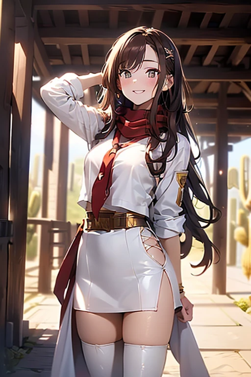 ((in a desert:1.5)), a matured woman with long hair and a white outfit, (resting in oasis:1.2), artwork in the style of guweiz, bodyesbian, fine details. girls frontline, beautiful anime illustration, from girls frontline, stunning, 21 years old, (solo:1.5), (sfw:1.25), beautiful breast, medium breasts, Amazing Cleavage, thin waist, big ass, Raised sexy, (dark mahogany medium long hair, updo, hair over one eye, asymmetric hair, Carly hair, low tied),(Headscarfs, hair bands, head vandage, Turban), (ultra high resolution, 8K RAW photo, photo realistics, weak outline:1.3, clear focus), best qualtiy, natural lighting, field depth, (Bright pupils, detailed beautiful eyes, high detailed face), Red lip, looking at viewers, (tight focus:1.2, from below), sexy posing, seductive weak smiling, center image, (wearing white long jacket and clothes, wearing short pants, gold ornaments, white clothes rolling around waist, camel-brown long leather boots, translucent lace pantyhose), ((correct anatomy:1.5)), ((outdoor:1.2)),
