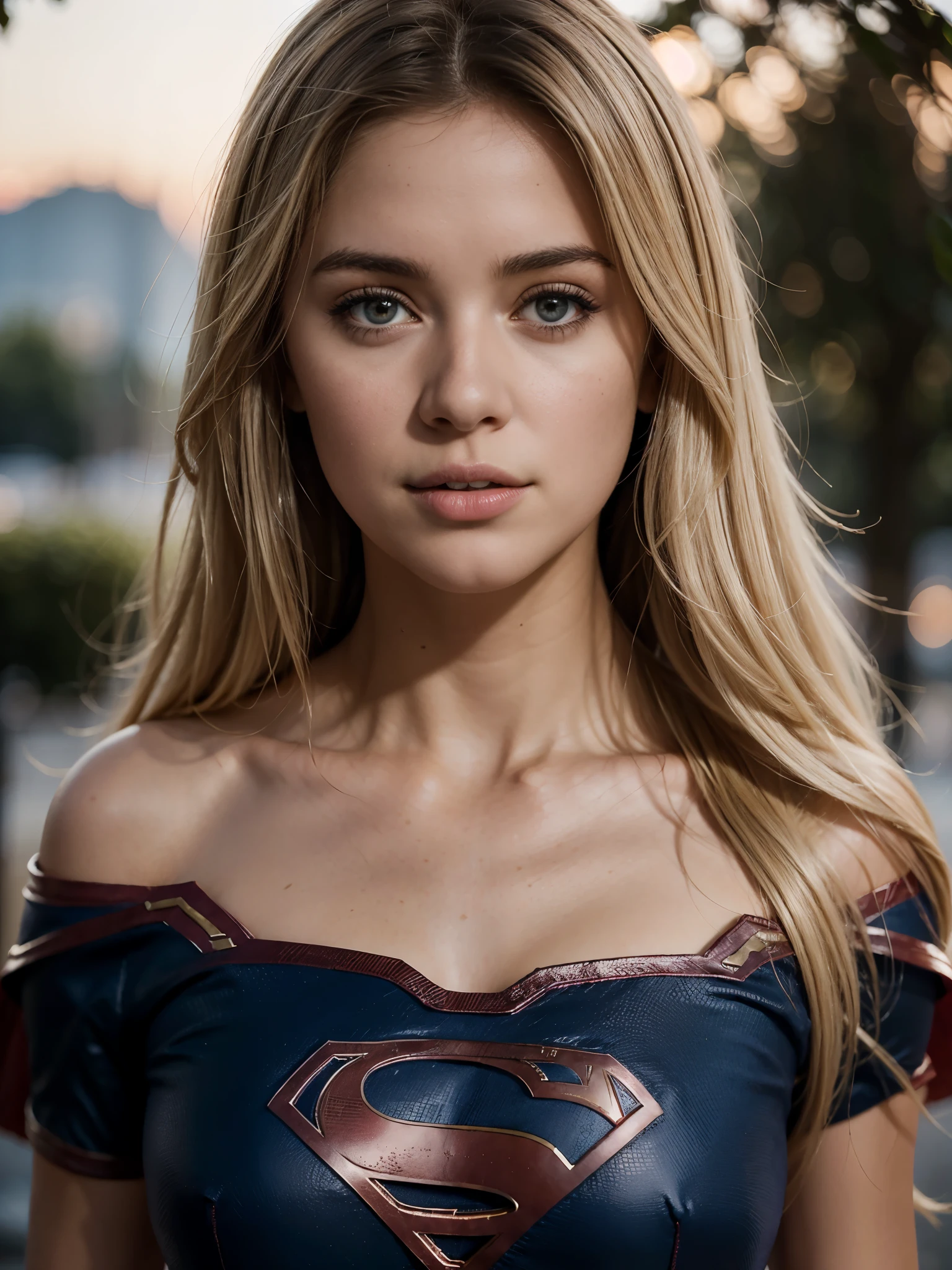 summer77 es Supergirl, long blonde hair, exhausting (supergirl animator, without cape, crop top, Pleated mini skirt),jumping, Very detailed, art station, seeds, Sharp focus, 8k, photorealistic, super detail, recover face