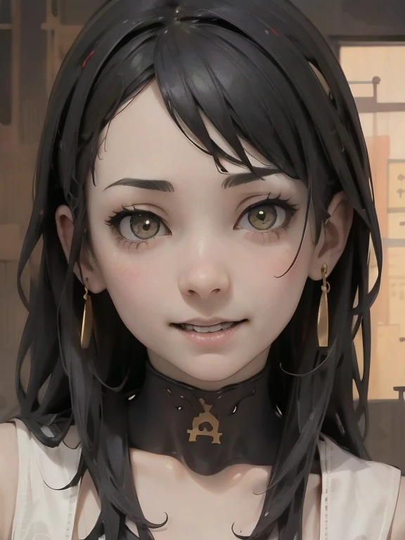 (High resolution), (Ultra delicate), (clear), Realistic，((A girl with black hair and gold inner color)).((cyber punk)），face，Skin realism、A fusion of Japanese style and the near future、white hot pants、Black pupil、creepy appearance, Unique atmosphere、The end of the world、Grotesque decoration、The world of death
