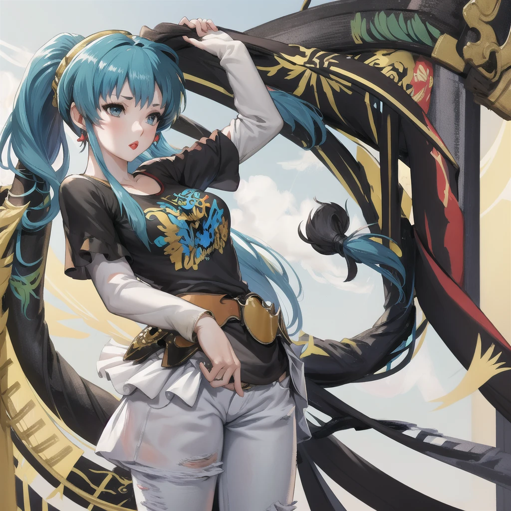 eirika,hair ornament,earrings ,ponytail, 1girl, solo, standing, black t-shirt, white shirt, blue jeans, belt, lipstick, large breasts, layered sleeves