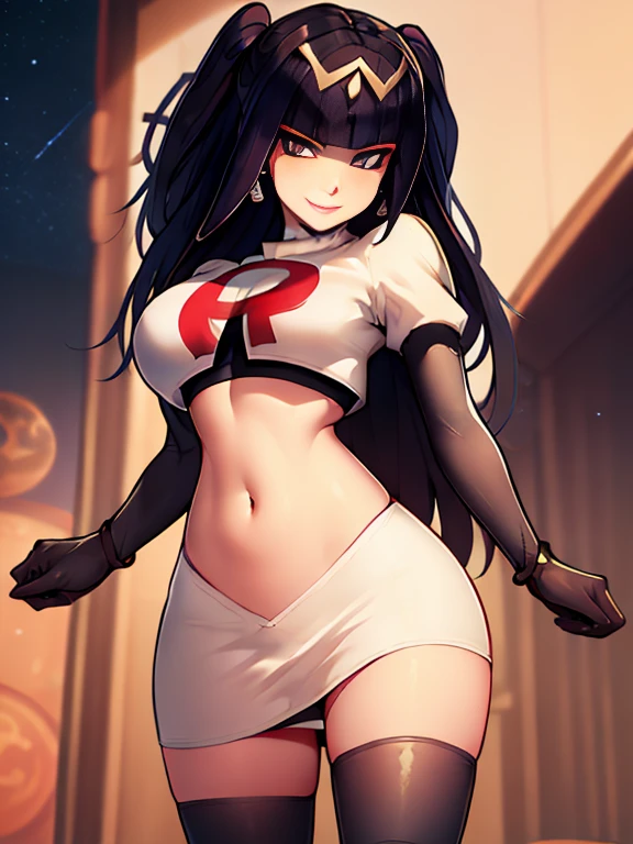 tharja, Team rocket, team rocket uniform, red letter R, white skirt,white crop top,black thigh-high boots, black elbow gloves, evil smile, night sky background, earrings, large breasts, high-heeled boots