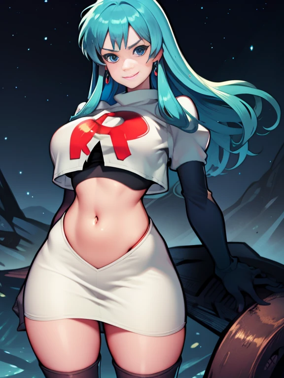 Eirika, Team rocket, team rocket uniform, red letter R, white skirt,white crop top,black thigh-high boots, black elbow gloves, evil smile, night sky background, earrings, large breasts, high-heeled boots