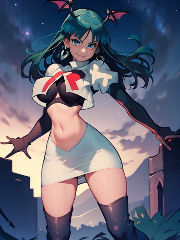 Morrigan_aensland, Team rocket, team rocket uniform, red letter R, white skirt,white crop top,black thigh-high boots, black elbow gloves, evil smile, night sky background, earrings, large breasts, high-heeled boots