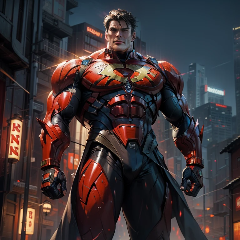 Muscle Special superman evil ,Doomsday colors, Red light, Futuristic, 1/3, High detail, Ultra high quality, illusory engine, 8K,