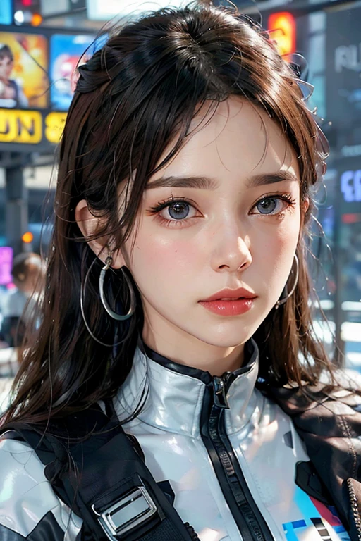 1girl, solo, piercing, parted_lips, long_hair, halo, lips, ear_piercing, earrings, realistic, jewelry, black_hair, nose, science_fiction, artist_Osaka, cable, looking_at_viewer, blue_eyes, eyelashes, portrait, grey_eyes, barcode, cyberpunk robots 