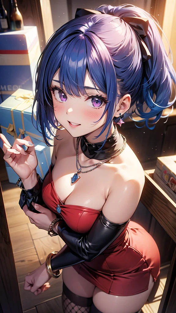 1girl, bangs, blue hair, bow, box, bracelet, new year party, cowboy shot, dress, earrings, fishnets, jewelry, looking at viewer, multicolored hair, necklace, pantyhose, parted lips, purple eyes, red dress, ribbon, rose, short hair, smile, solo, thighhighs, all-fours, top view,