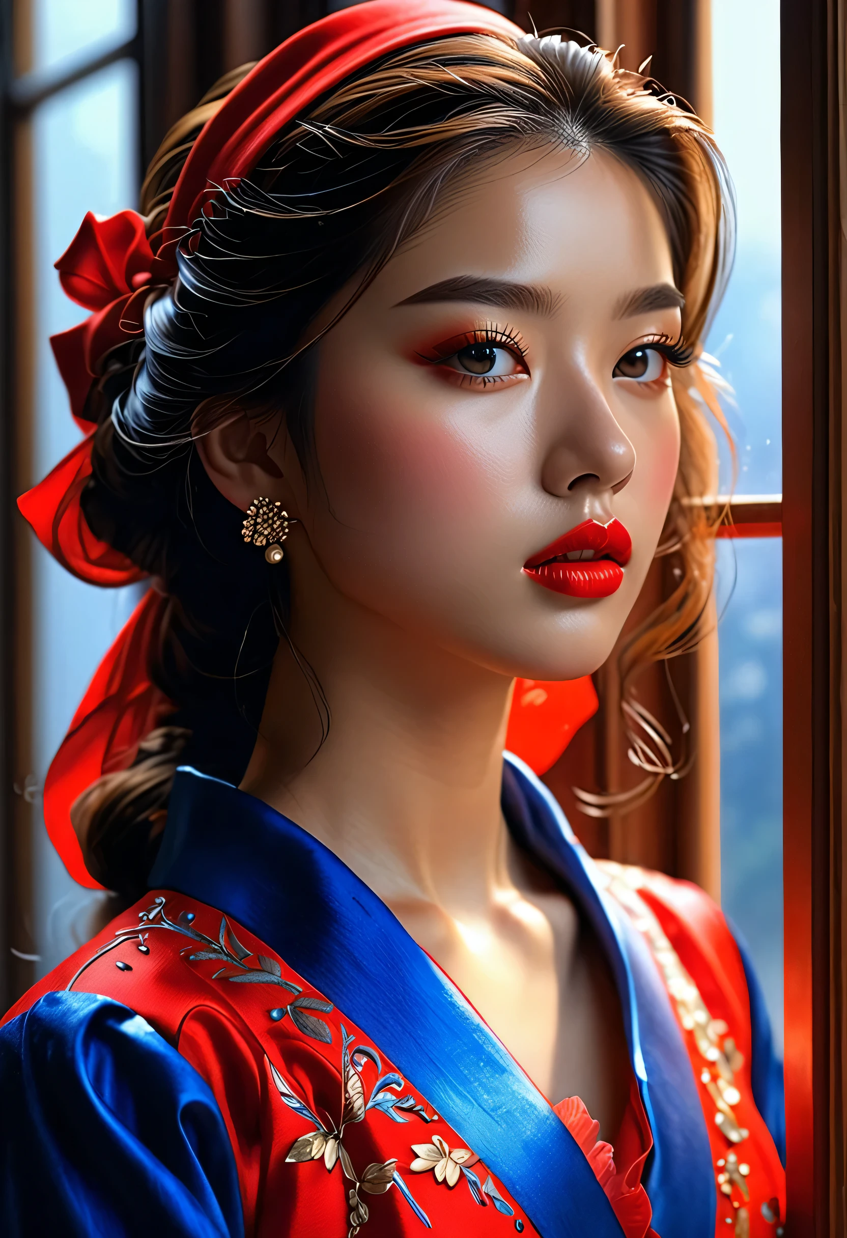 (highest quality, 4K, 8k, High resolution, masterpiece: 1.2), (Very detailed, Realistic, Realistic:1.37)Attractive young girl, Wearing a striking red and blue ensemble, Stand at the window with strength and determination. Her captivating eyes are exquisitely crafted, Capture every sparkle and depth, Her lips、Boasting captivating and fascinating beauty of detail.。. Attention to detail throughout the face, Each contour and feature is perfectly and meticulously rendered., Create a sense of hyper-realism that draws your audience in. 

girl&#39; Clothes, Reminiscent of oil painting art, It is a work of art in itself. Material, Skillfully expressed with vivid brushstrokes, Gives a dynamic look to the overall look. It truly reflects the artist.&#39;talent of, Show off your skills