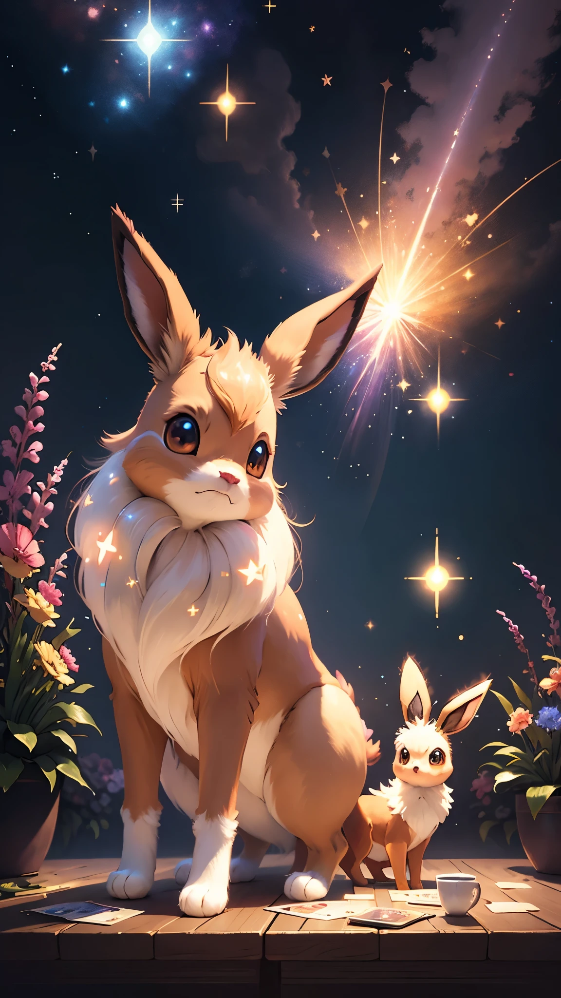 eevee, Permanent, Accompany the stars, card game, illustration, sparkle, ray tracing, bloom, masterpiece, award winning, best quality, highres, UHD, 8k