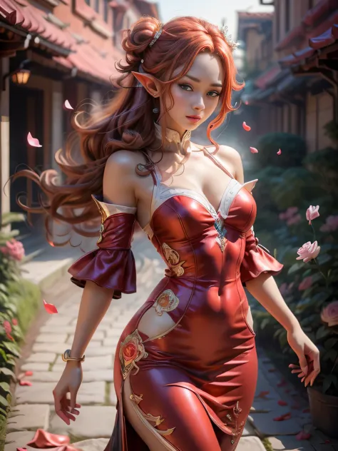 There is a full size figure of a beautiful red hair elf girl dancing in the middle of red rose garden surrounded with rose petal...