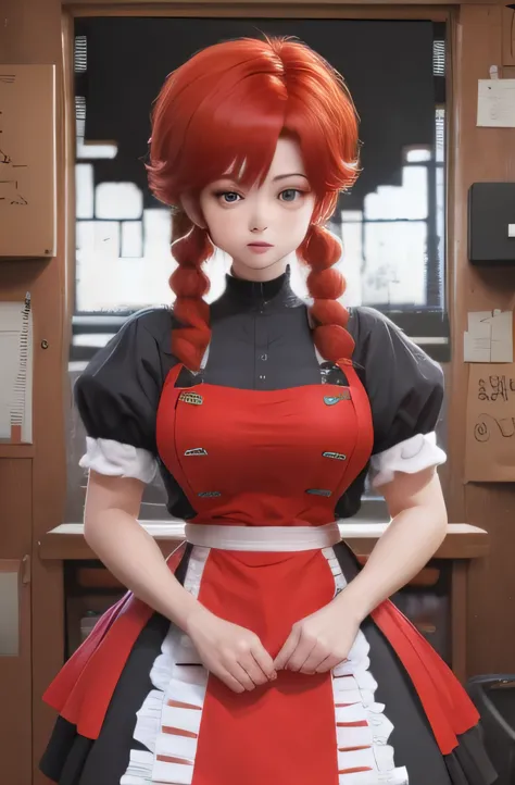 Ranma Saotome. red hair. pigtail. huge saggy breast. Huge hips. choker. maid dress