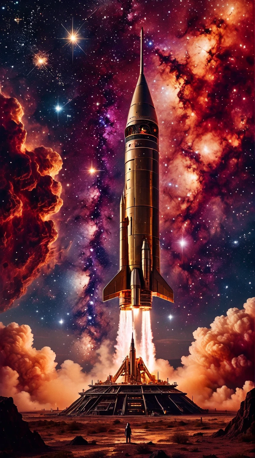 un cohete retrofuturista en tonos latón en medio de una nebulosa estrellada (para un entorno ecléctico de ciencia ficción)